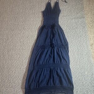 Spice Navy Blue Cotton Smocked Halter Maxi Dress Tiered Crochet Detail Size M
